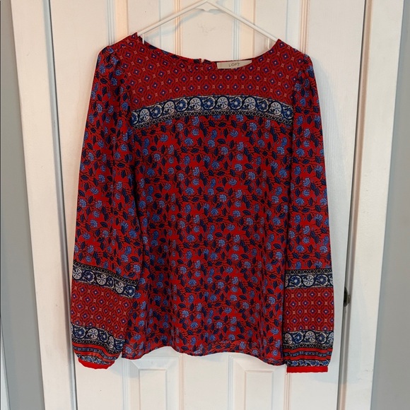LOFT Tops - LOFT Vibrant Red and Blue Patterned Blouse